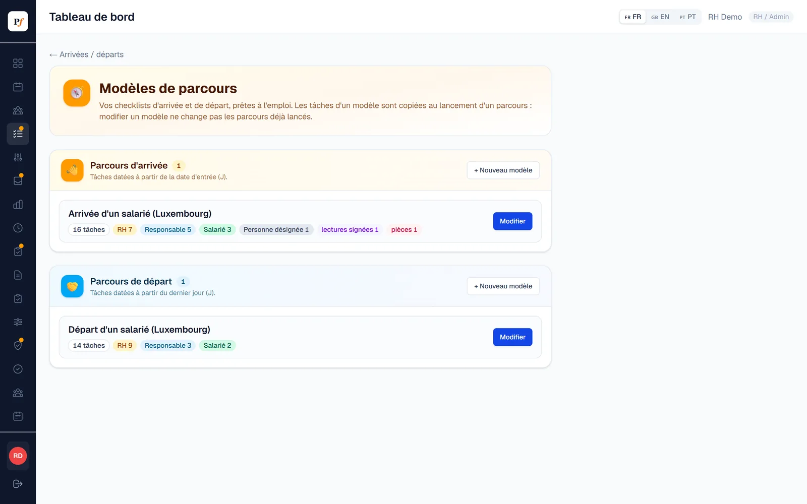 Modèles de parcours d'arrivée et de départ