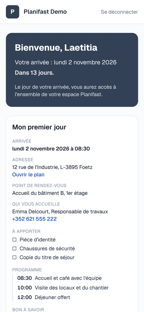 Espace d'accueil de la future salariée : premier jour et informations