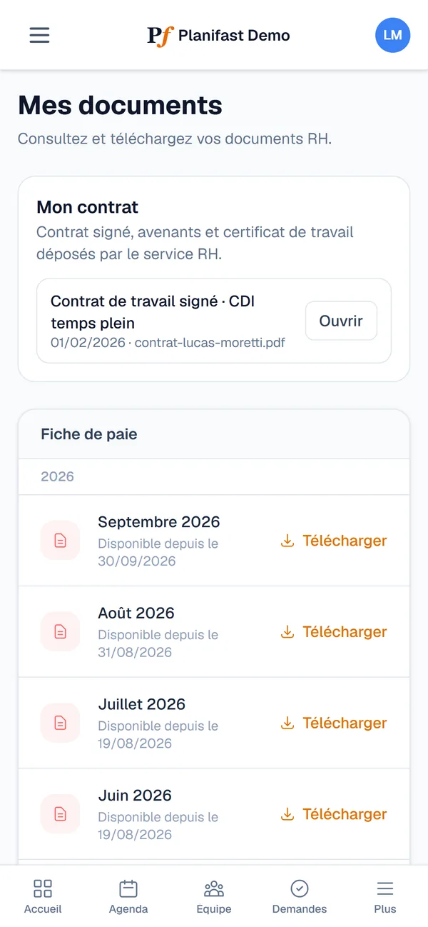 Contrat et fiches de paie du salarié sur mobile