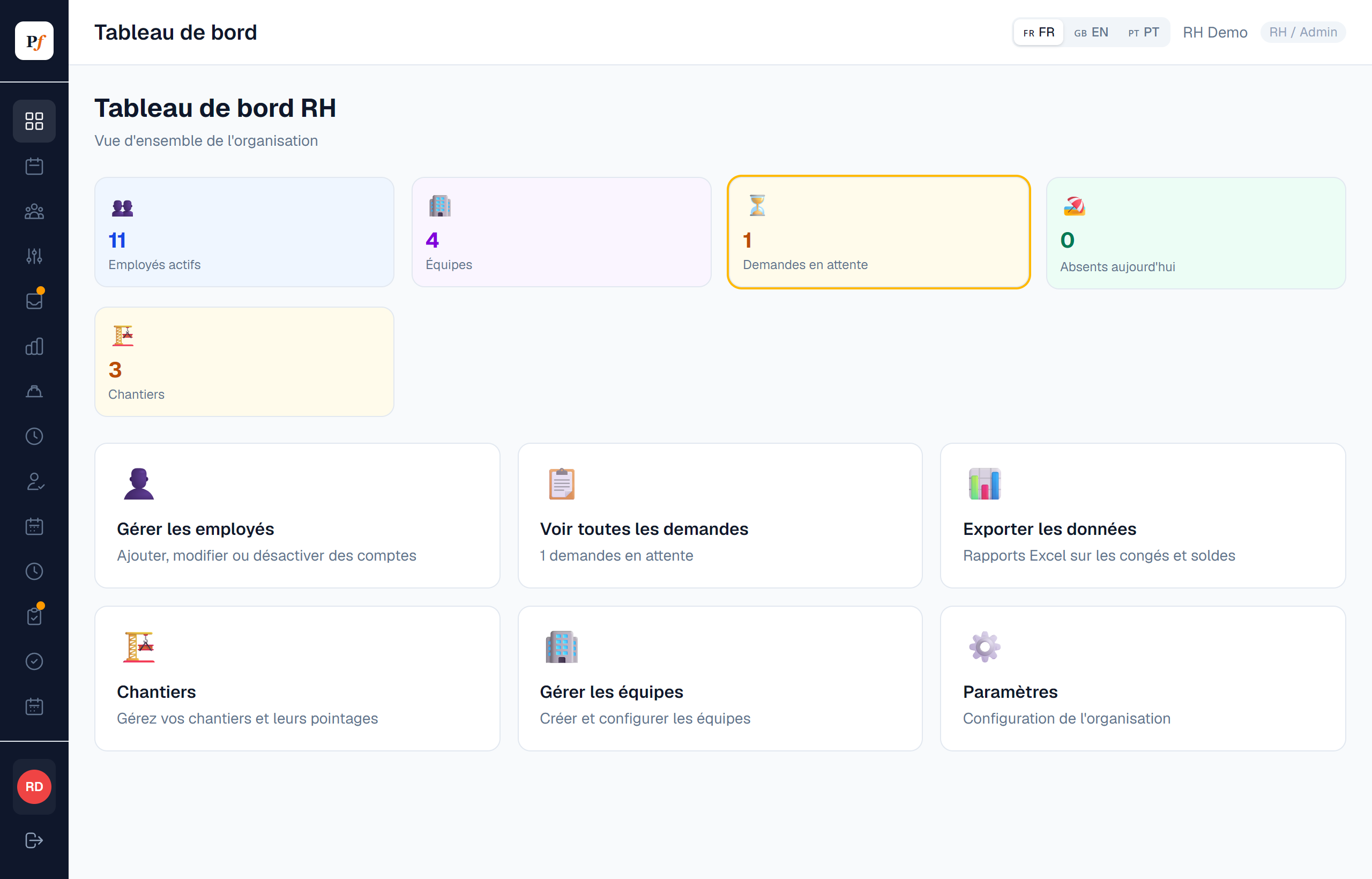 Tableau de bord RH : effectifs, équipes, demandes en attente, absents